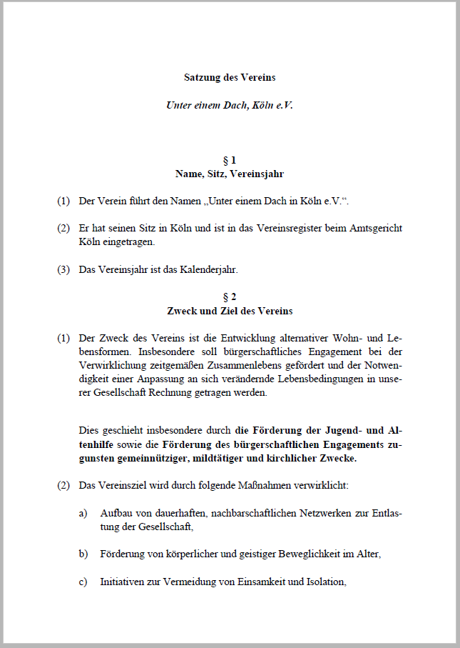 Satzung des Vereins Unter einem Dach in Köln e.V.